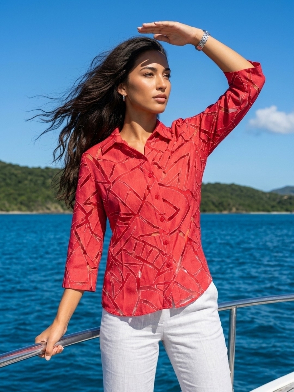 Women's Rose Red Button-Front Shirt - Lightweight Collared Top 3/4 Sleeves Sz Lg